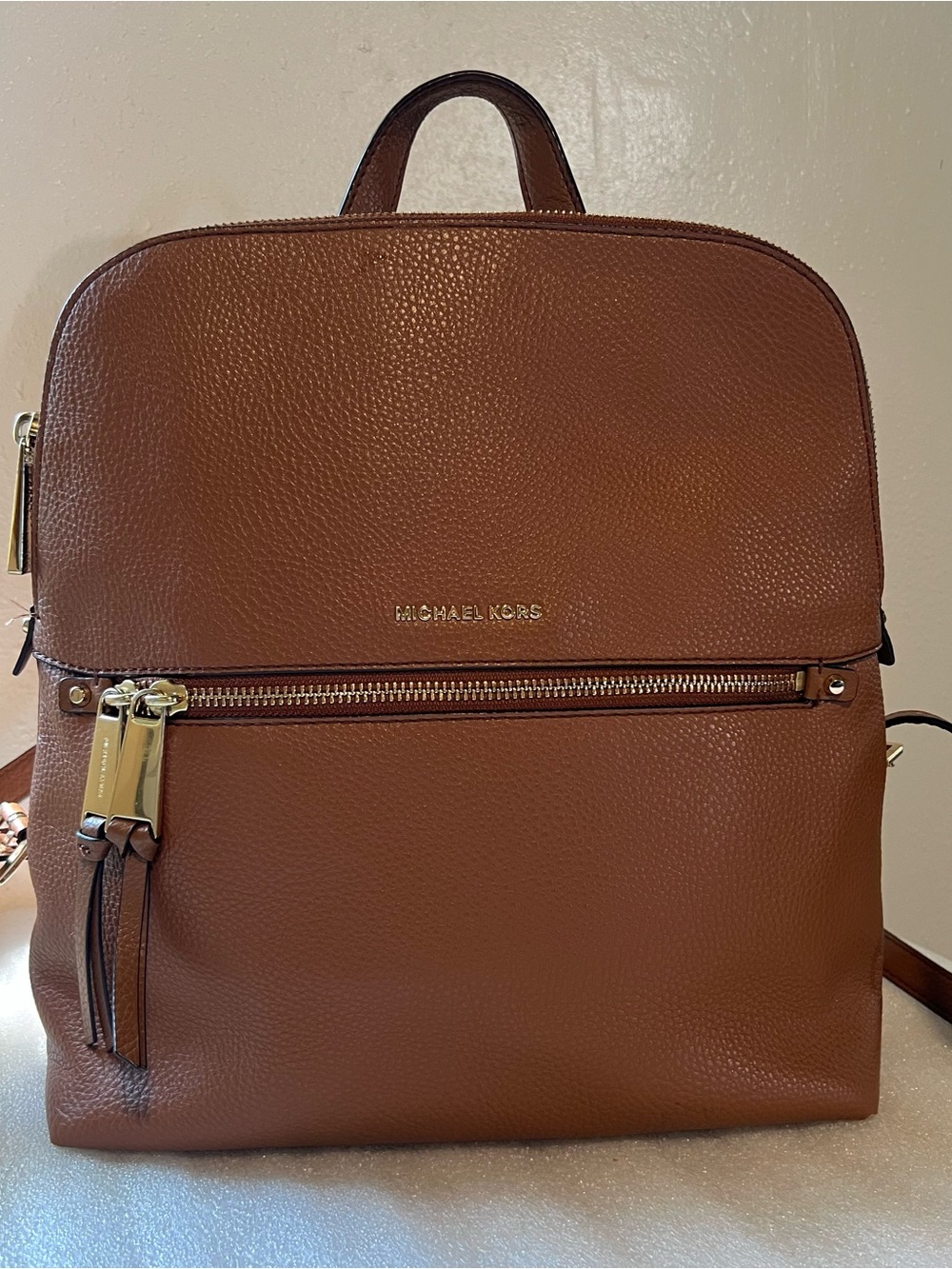 Michael Kors Chestnut Brown Pebbled Leather Backpack with Gold Hardware